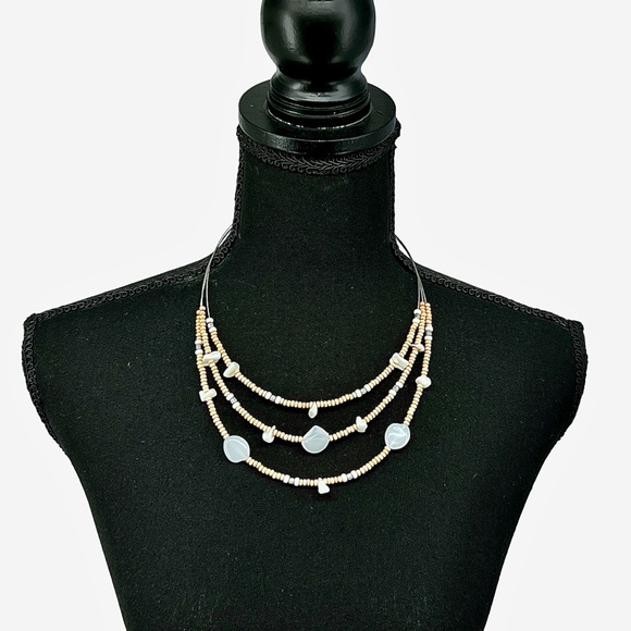 Vintage Mixed Media Layer Stack Wire Necklace Wood Shell Nuggets Quartz Beaded - Picture 2 of 6